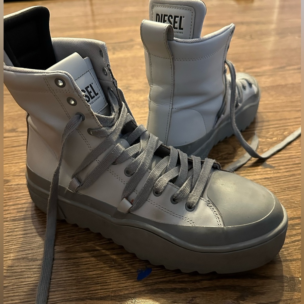 Grey diesel high top calf leather ankle sneakers